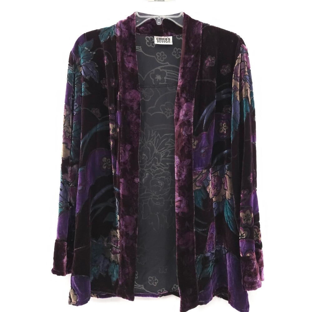 Chico's Velvet Burnout Open Cardigan Women 2 (L) Purple Floral Jacket Boho